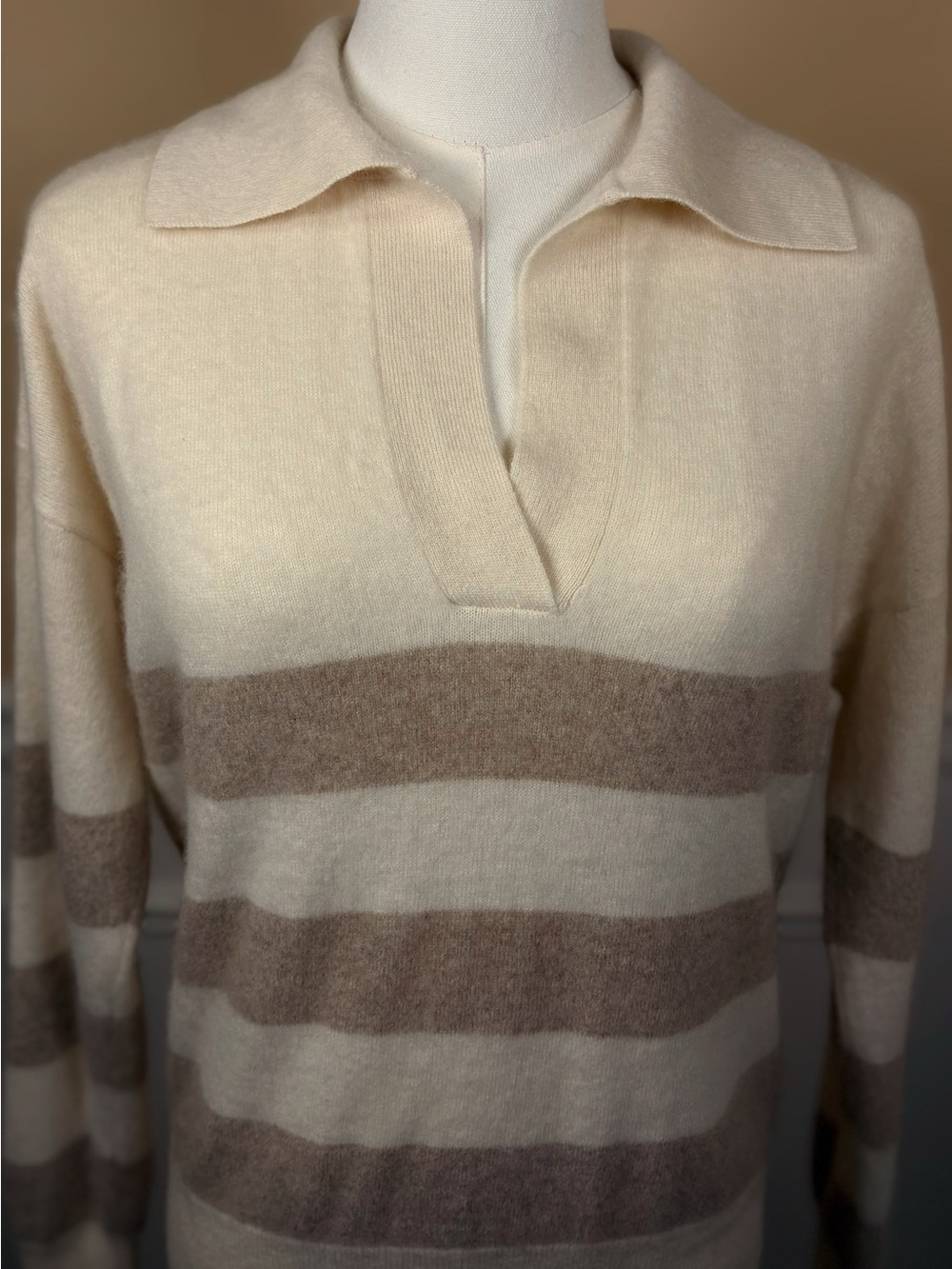 🤍 Joie 100% Cashmere Striped Polo Sweater Size M Cream & Taupe